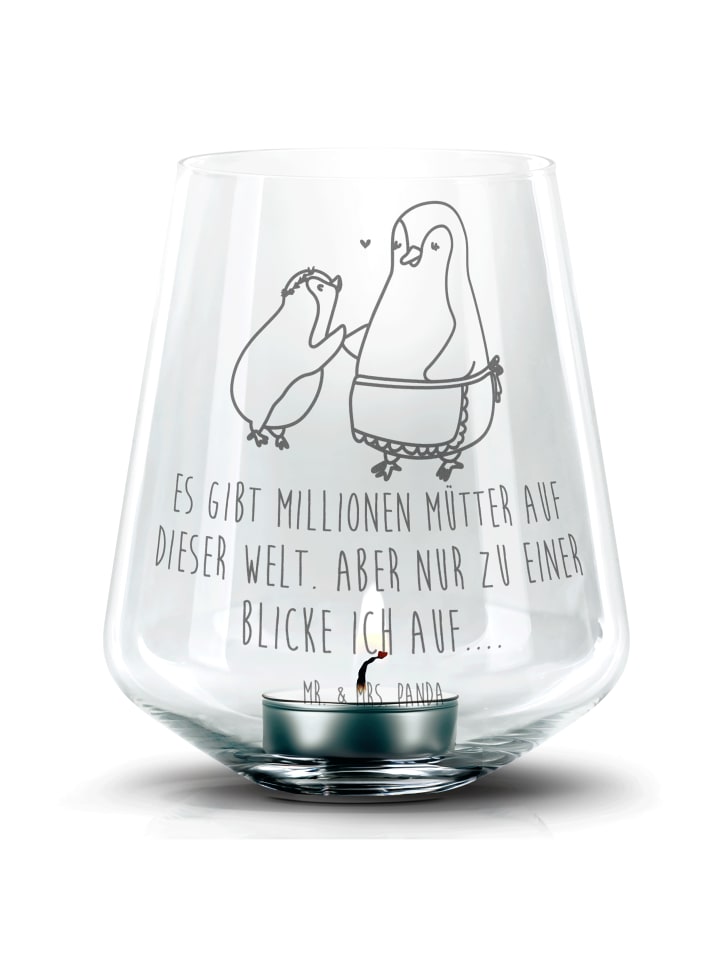 Gravur Windlicht Pinguin mit Kind mit Spruch in Transparent