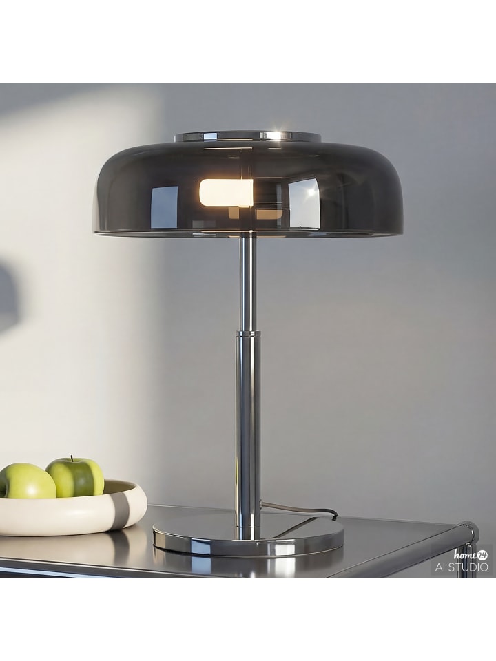 home24 Tischleuchte aus Glas und Eisen im modernen Stil in Grau / Chrom