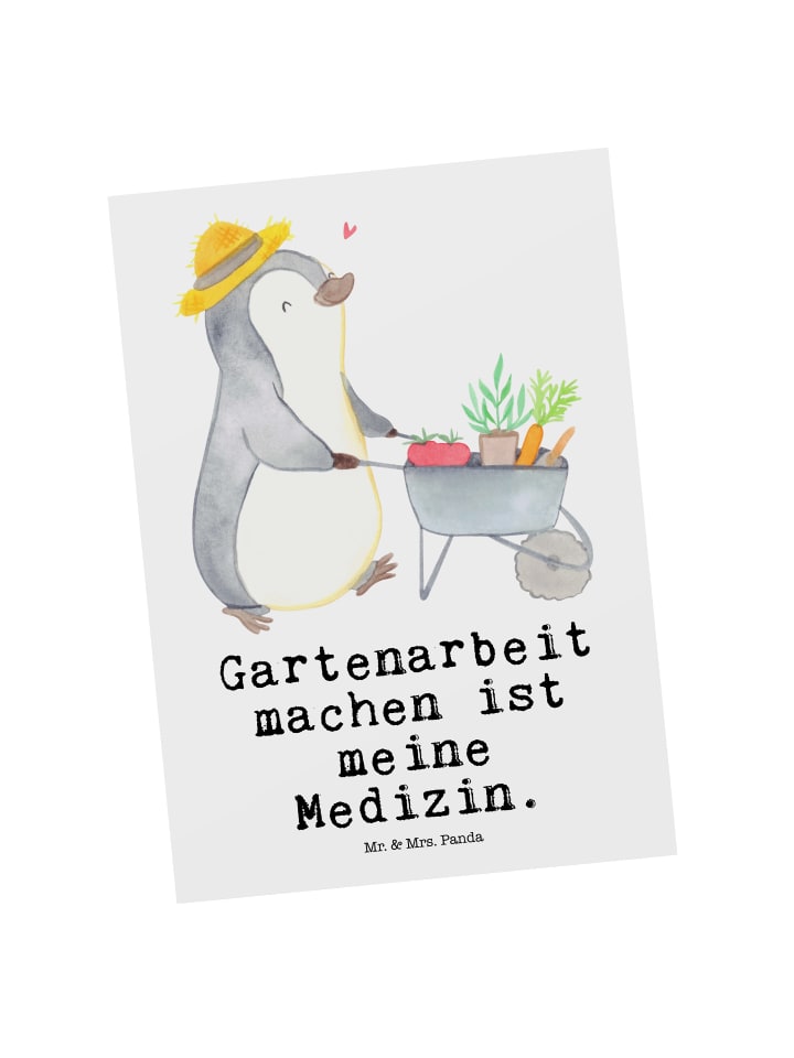 Postkarte Pinguin Gartenarbeit mit Spruch in Weiß