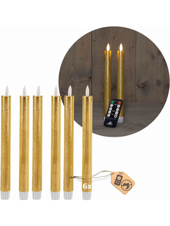 Stabkerzen LED mit Timer GOLD 6 Stück Indoor 6 Stunden ECHTWACHS 18cm in Gold