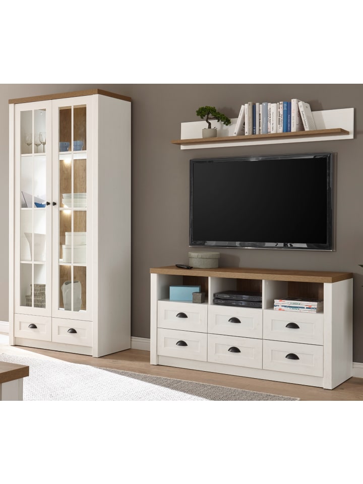 Wohnwand weiß Pinie, Eiche hell 3-teilig 240 cm, Wohnkombination Landhausstil