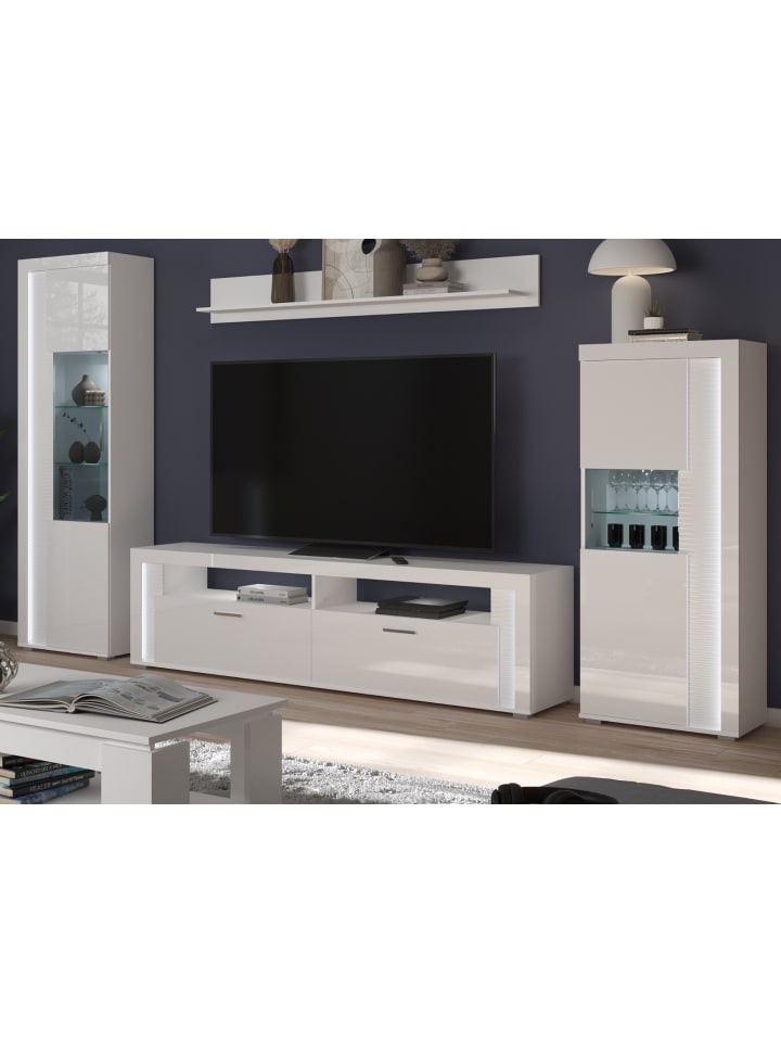 Wohnwand weiß Hochglanz 350 cm, Soft-Close-Funktion, inkl. Beleuchtung
