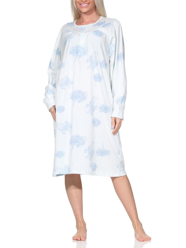 Langarm Nachthemd klassische Design Knopfleiste am Hals - 87414 in hellblau1