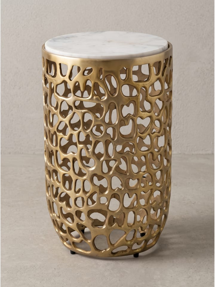 Beistelltisch rund, indischer Marmor, handgefertigt, Modern in Gold-Weiß