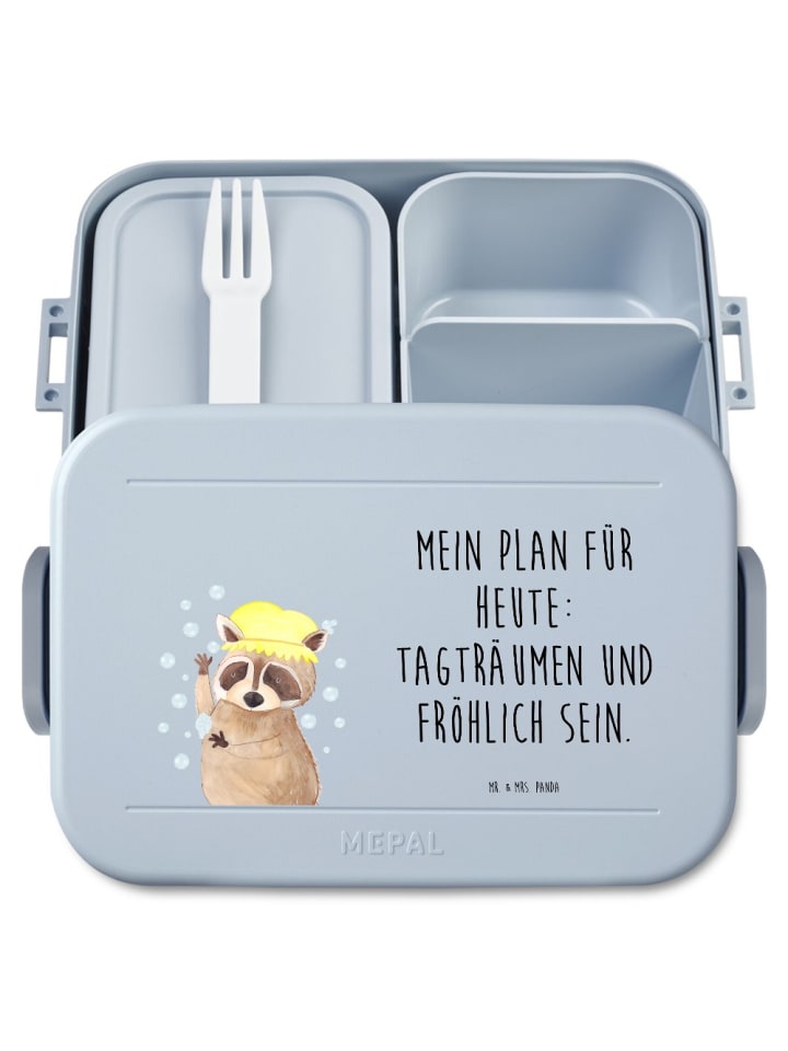 Lunchbox Waschbär Motiv mit Spruch in Blau Pastell