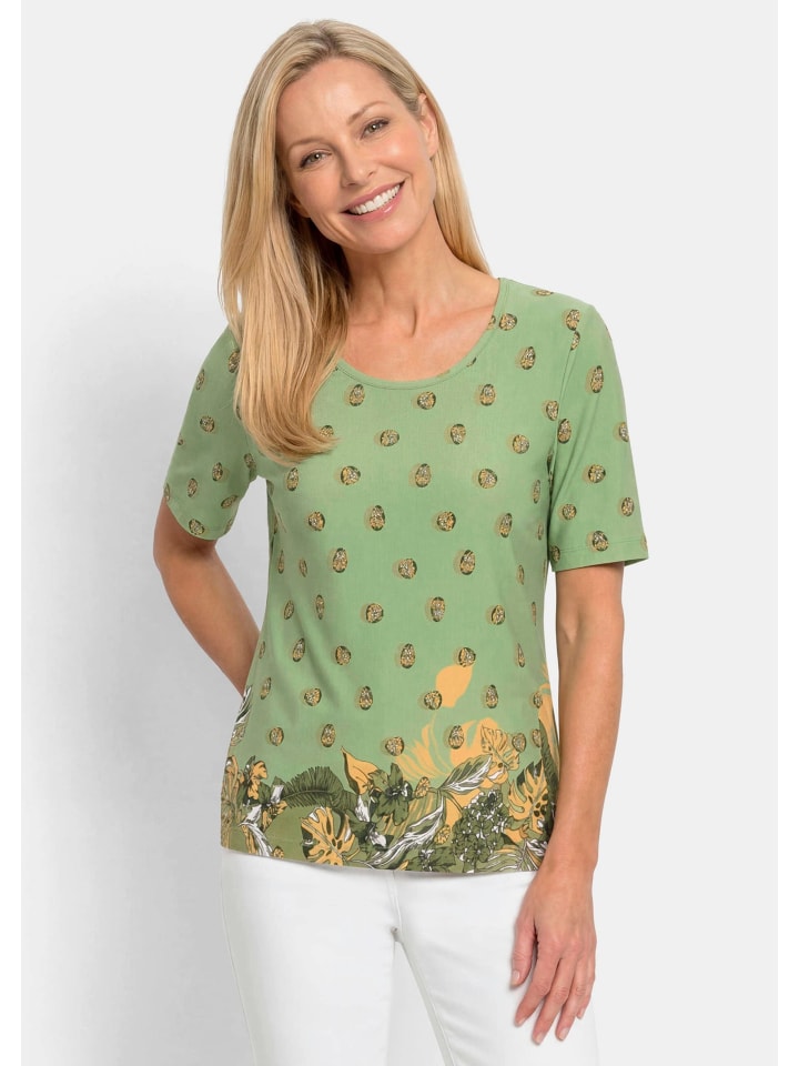 Viskoseshirt mit Blüten- und Blätter-Print in hellgrün / honig / gemustert