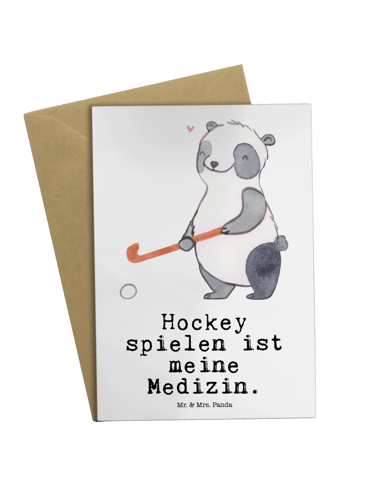 Grußkarte Panda Hockey spielen mit Spruch in Weiß