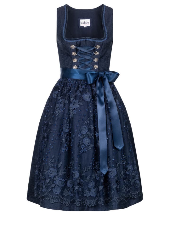 Dirndl Damen Mit Blumenmuster | Blaue Bindschnur | Puffärmeln Mit Spitze | Schwarzer Rock | Trachtenkleid