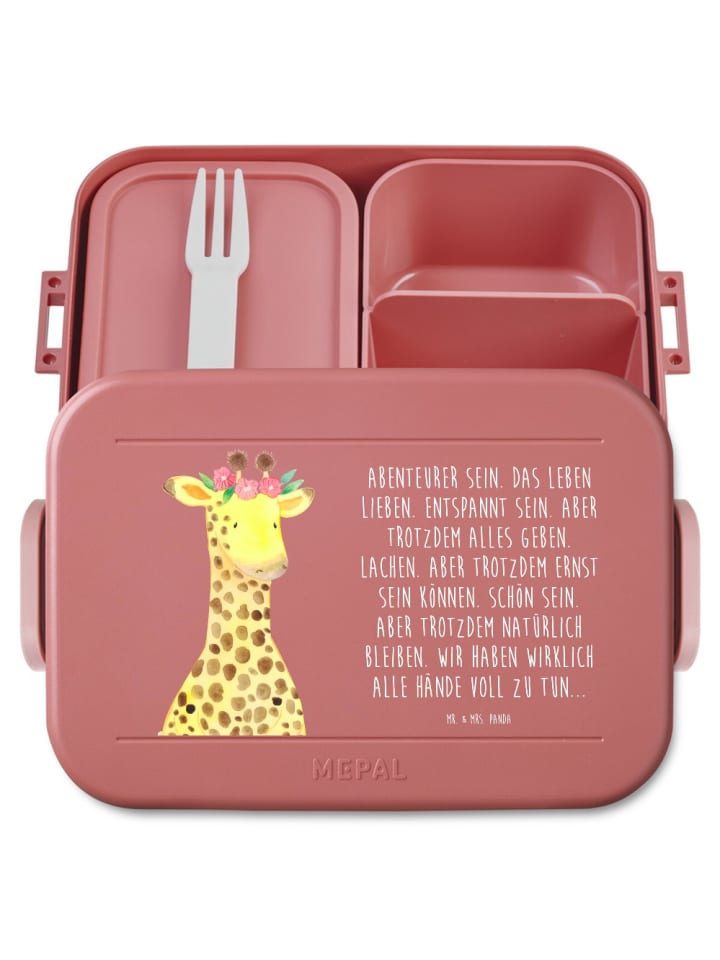 Brotdose Giraffe Blumenkranz Motiv mit Spruch in Rot Pastell