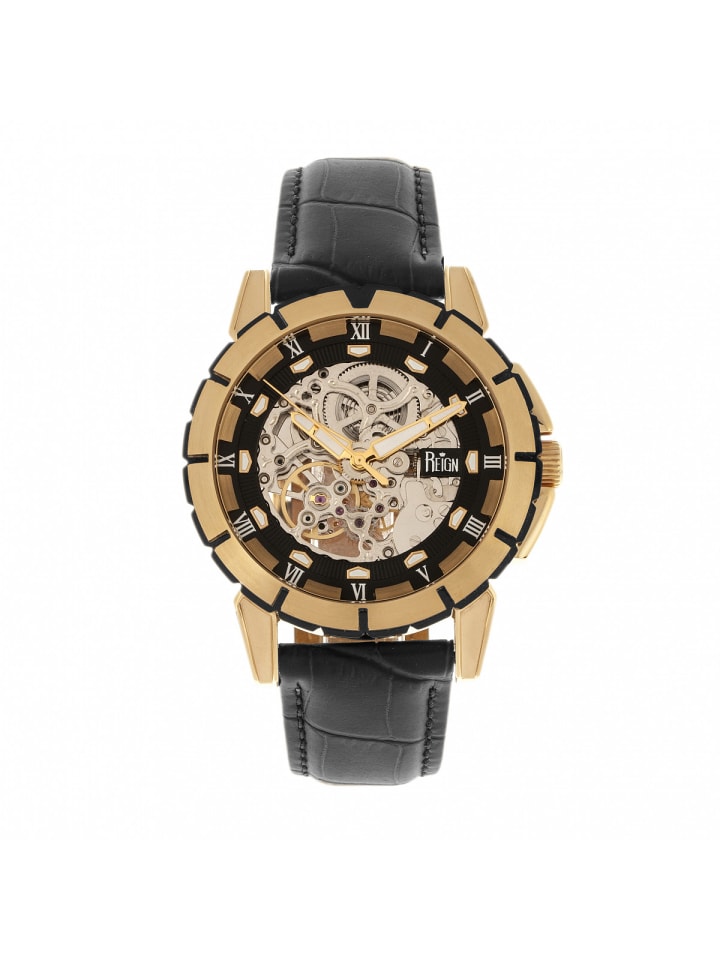 Philippe Automatikuhr mit Skelettgehäuse und Lederarmband in Gold/Black