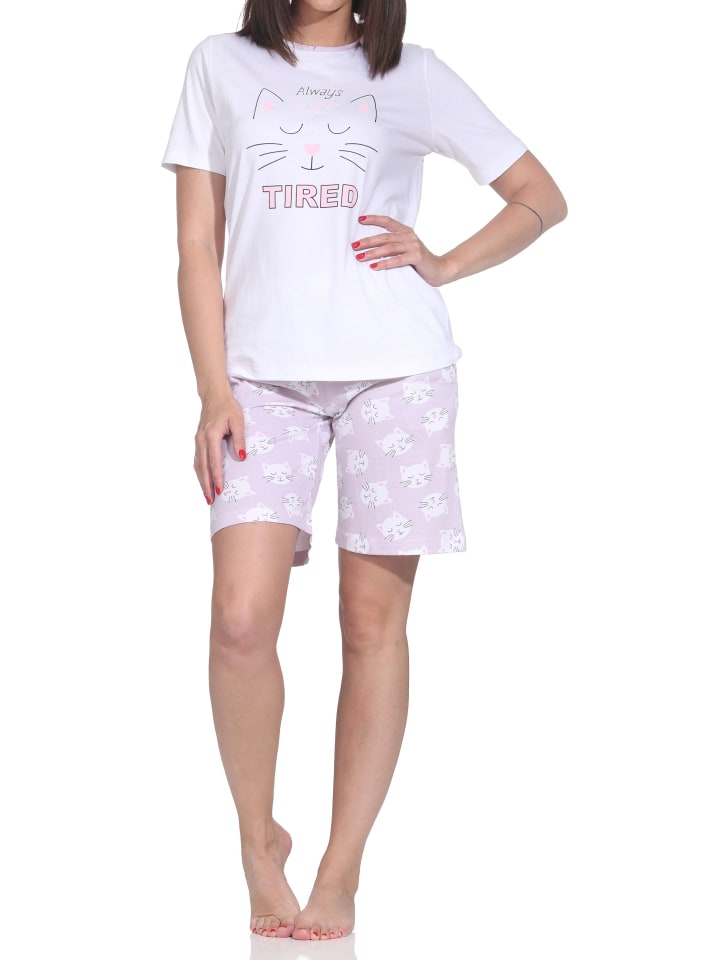 Kurzarm Shorty Schlafanzug Pyjama Katzenmotiv in flieder