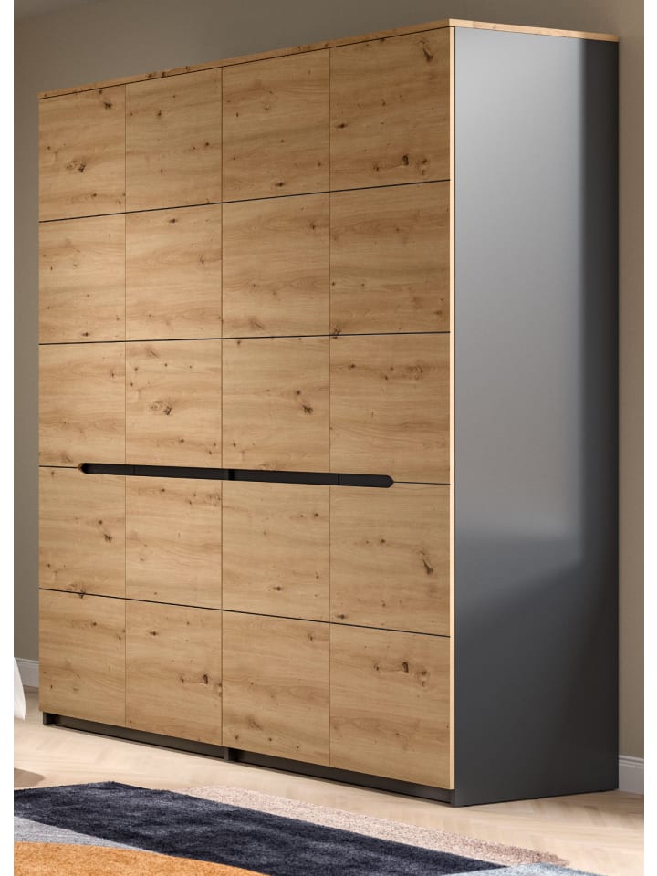 Kleiderschrank Eiche Artisan, grau 4-türig 180 cm, Schrank mit Soft-Close