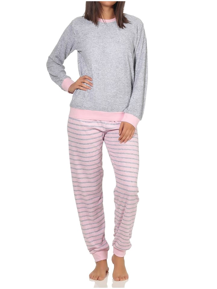 Frottee Pyjama langarm Bündchen und Pinguin Stickerei - 50006 in Grau