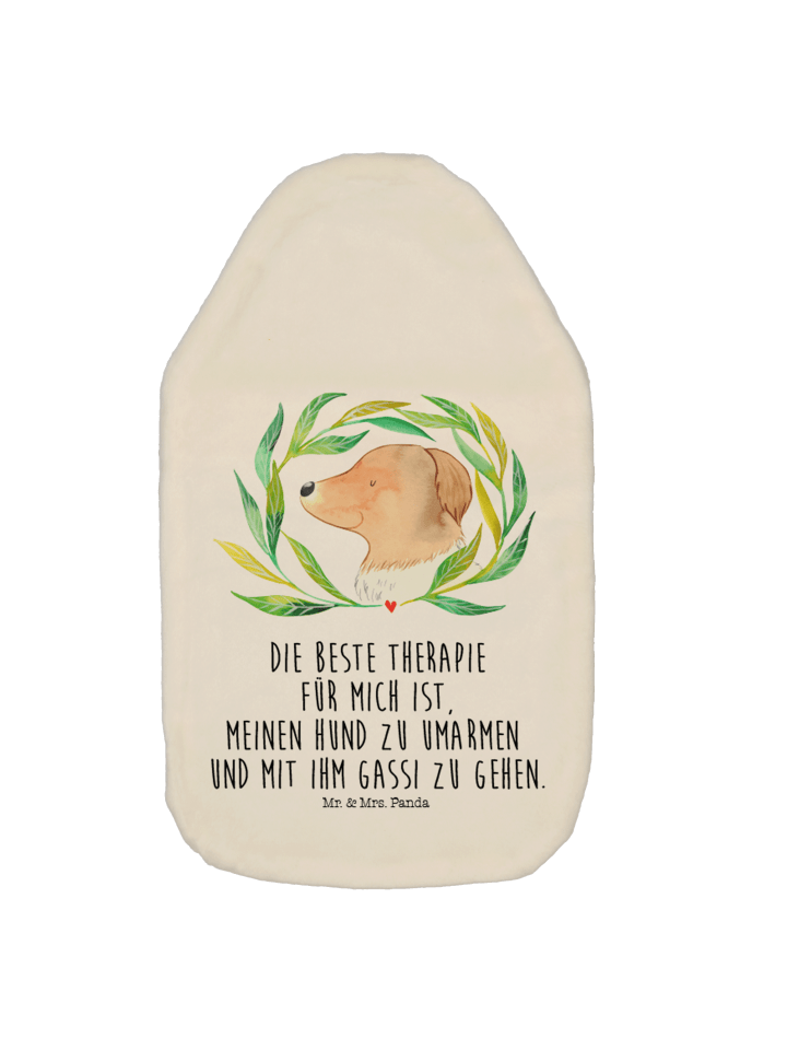 Wärmflasche Hund Blumen mit Spruch in Weiß