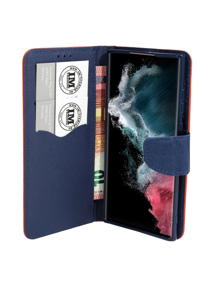 Buch Tasche "Fancy" Standfunktion kompatibel mit iPhone 16 Pro Rot-Blau in Rot-Blau