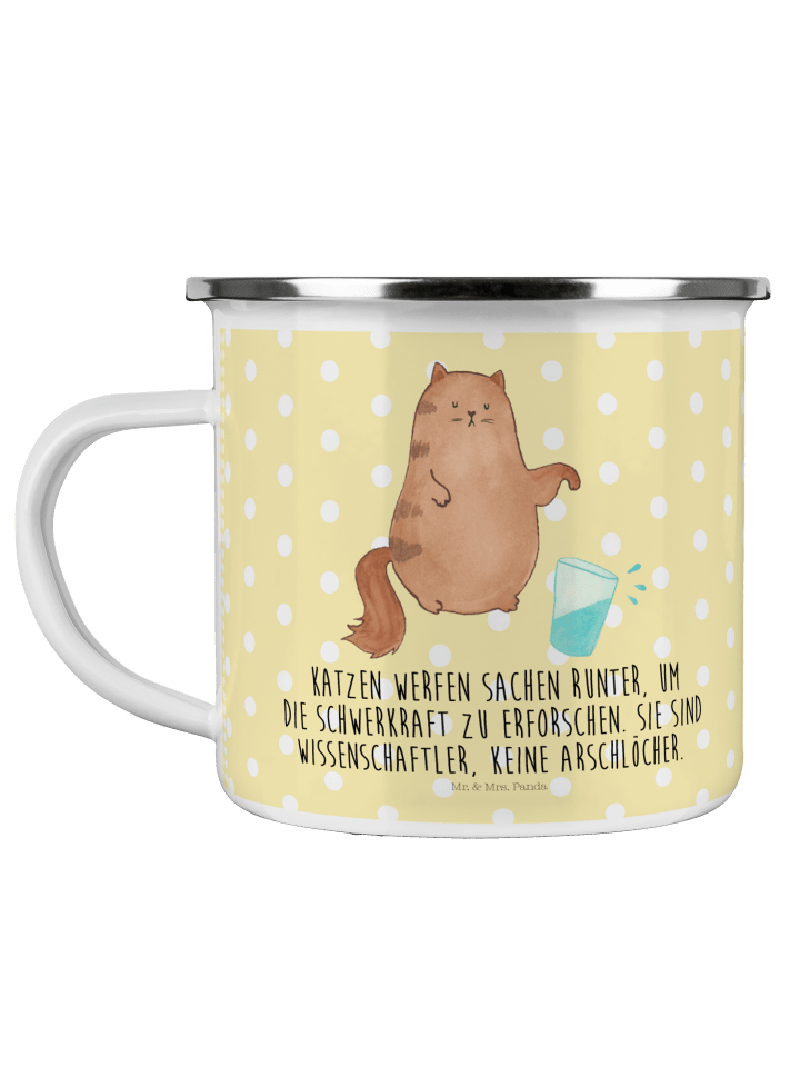 Emaille Tasse Katze Wasserglas mit Spruch in Gelb Pastell