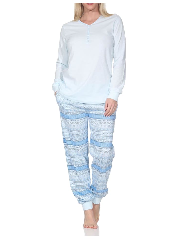 Langarm Schlafanzug Pyjama Bündchen Ethnolook Übergröße in hellblau
