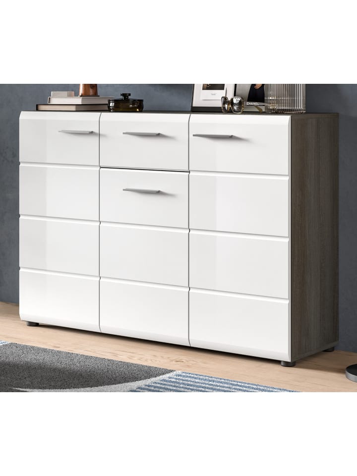 Sideboard weiß Hochglanz, grau 120 cm, Kommode viel Stauraum