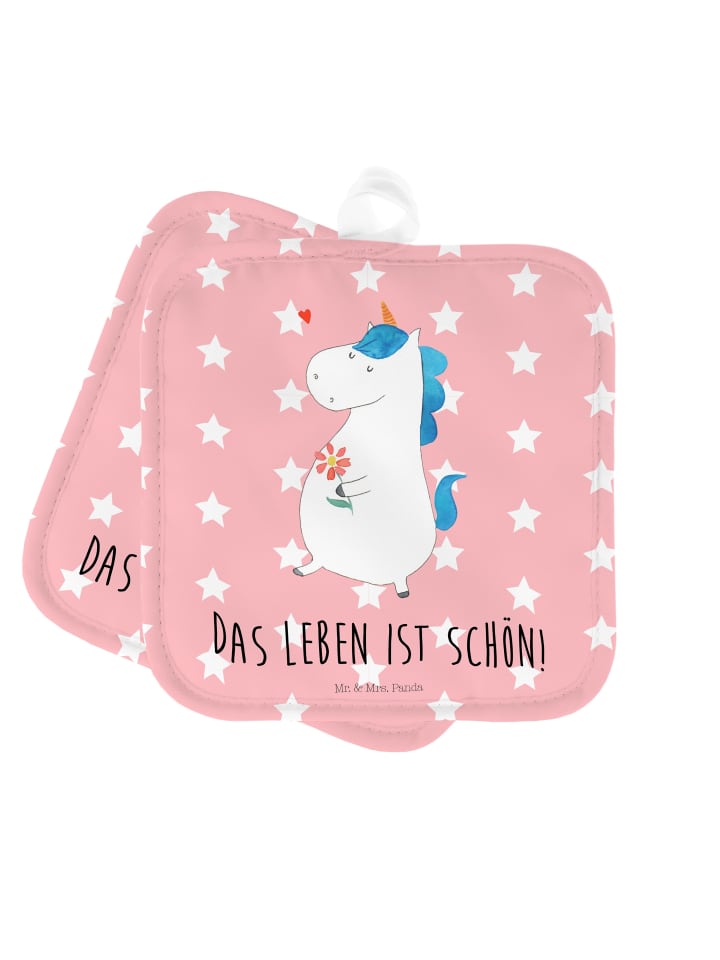 Topflappen Einhorn Spaziergang mit Spruch in Rot Pastell