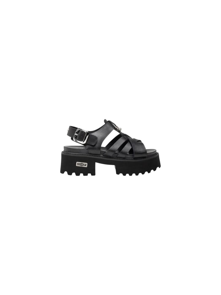 Schwarz Leder Plateausandalen