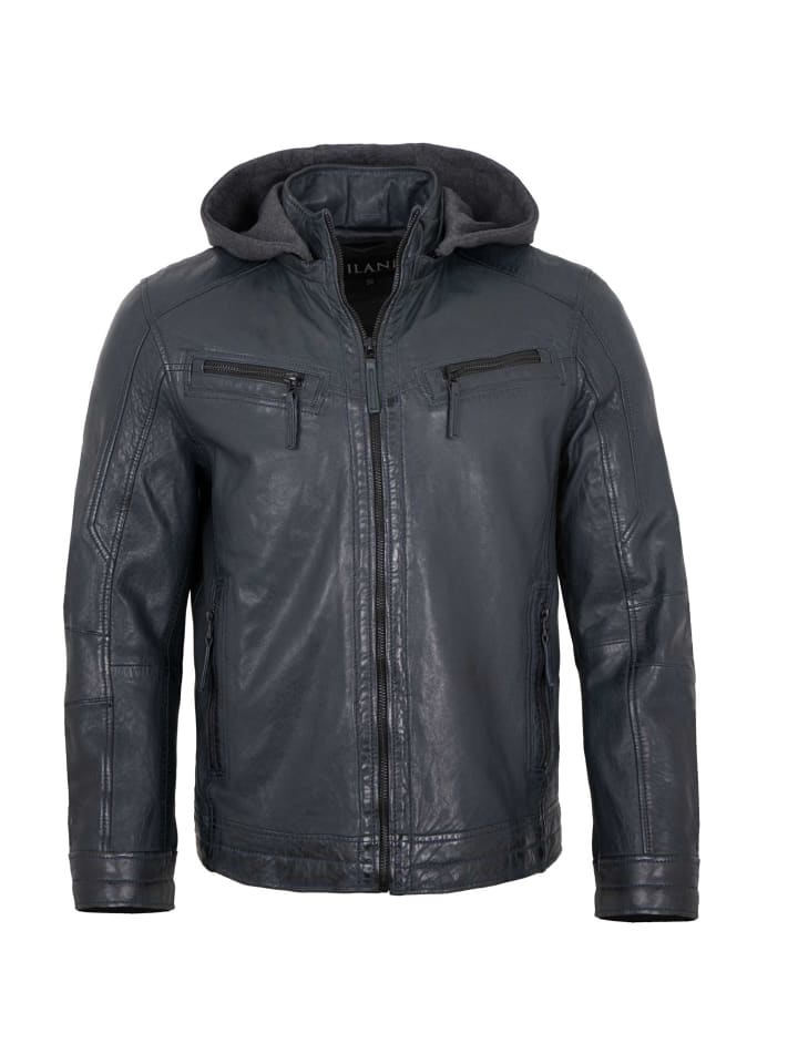Lederjacke Kapuze Lammnappa in Navy