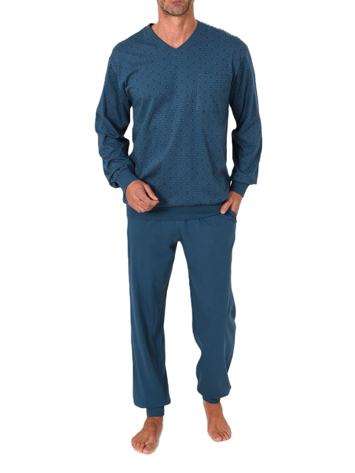 Langarm Schlafanzug Pyjama Bündchen print in blau