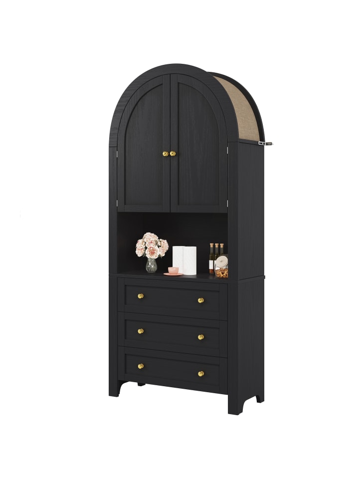 Bogenschrank in Schwarz mit Schubladen Türen und offenem Regal Hoch