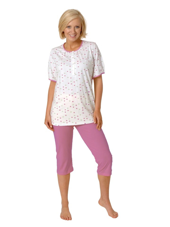 Capri Pyjama Schlafanzug kurzarm Knopfleiste Punkte - 66695 in pink