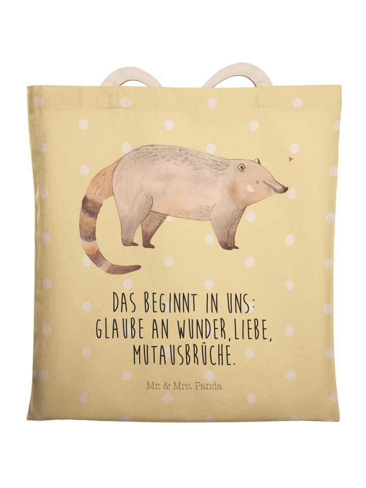 Einkaufstasche Nasenbaer mit Spruch in Gelb Pastell