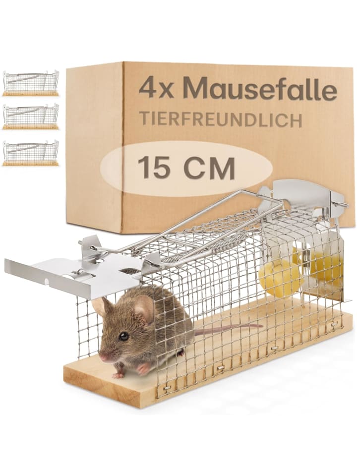 Mausefalle lebend - 4 Stück - Tierfreundlich & Wiederverwendbar - Aus