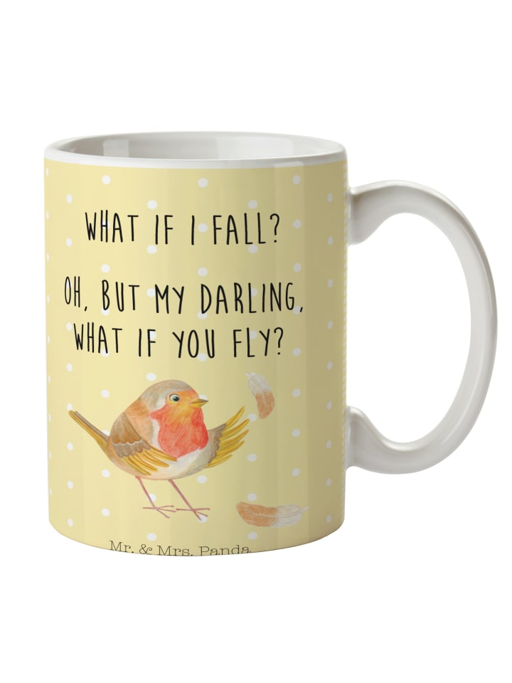 Kaffeetasse Rotkehlchen Federn mit Spruch in Gelb Pastell