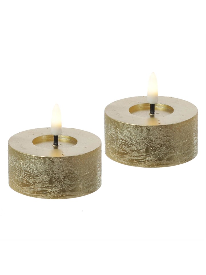 2x LED Maxi Teelichter Lina Rustik Optik Echtwachs D: 7cm in gold