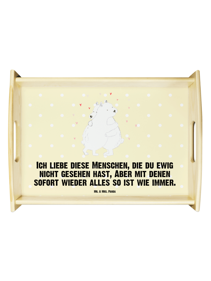 Holztablett Eisbär Umarmen mit Spruch in Gelb Pastell