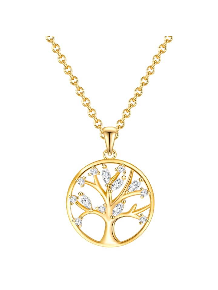 Halskette Baum des Lebens aus Sterling Silber mit Zirkonia in gelbgold