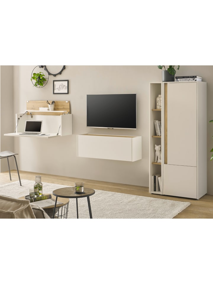 Wohnwand weiß, Eiche Wotan 4-teilig 310 cm, Komplettset mit Sekretär