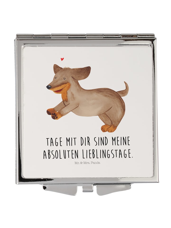 Klappspiegel Hund Dackel mit Spruch in Weiß