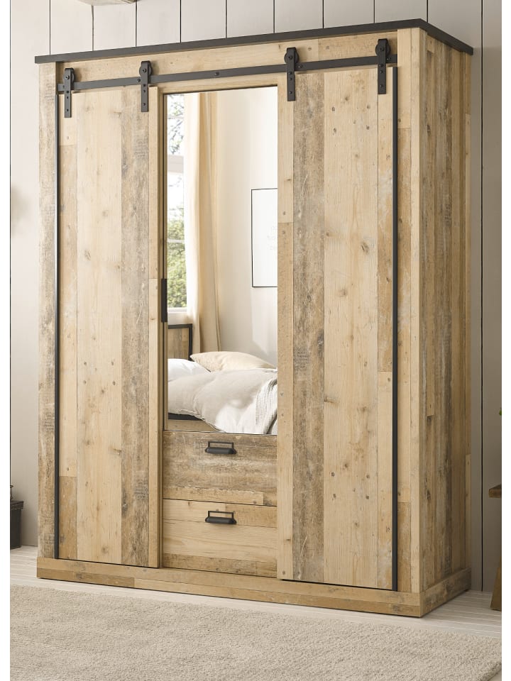 Kleiderschrank Used Wood, Grau 163 cm, Schiebetürenschrank 3-türig mit Spiegel