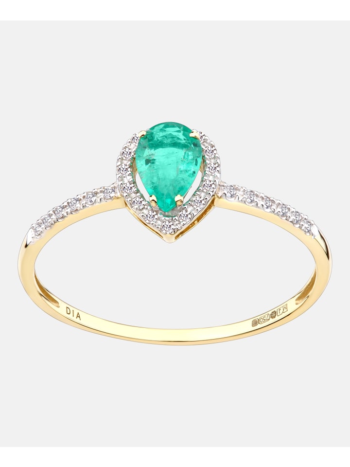 Cluster-Ring aus 750 Gelbgold mit Diamant mit Smaragd
