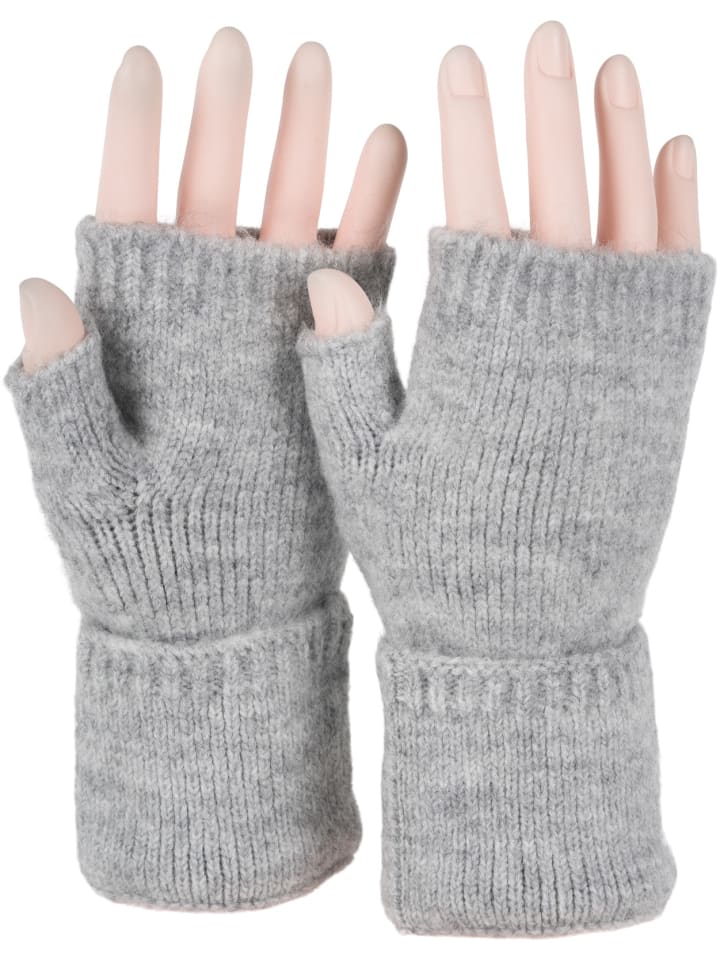 Fingerlose Strickhandschuhe in Hellgrau meliert