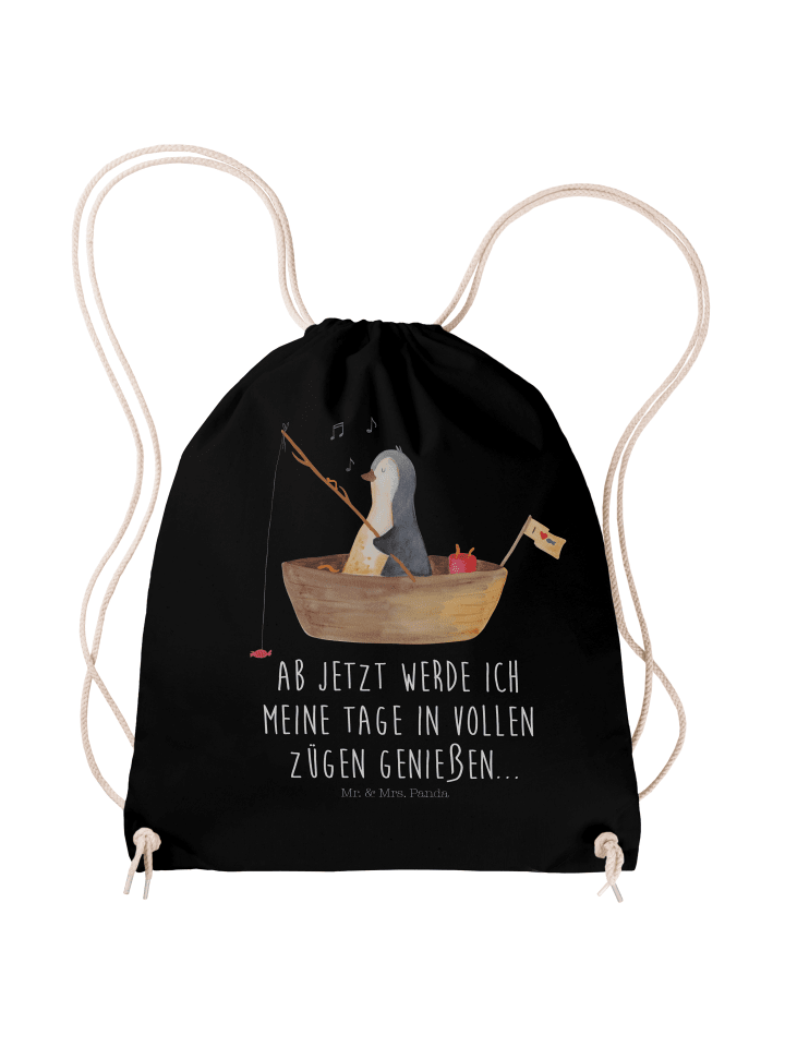 Stoffbeutel Pinguin Angelboot mit Spruch in Schwarz