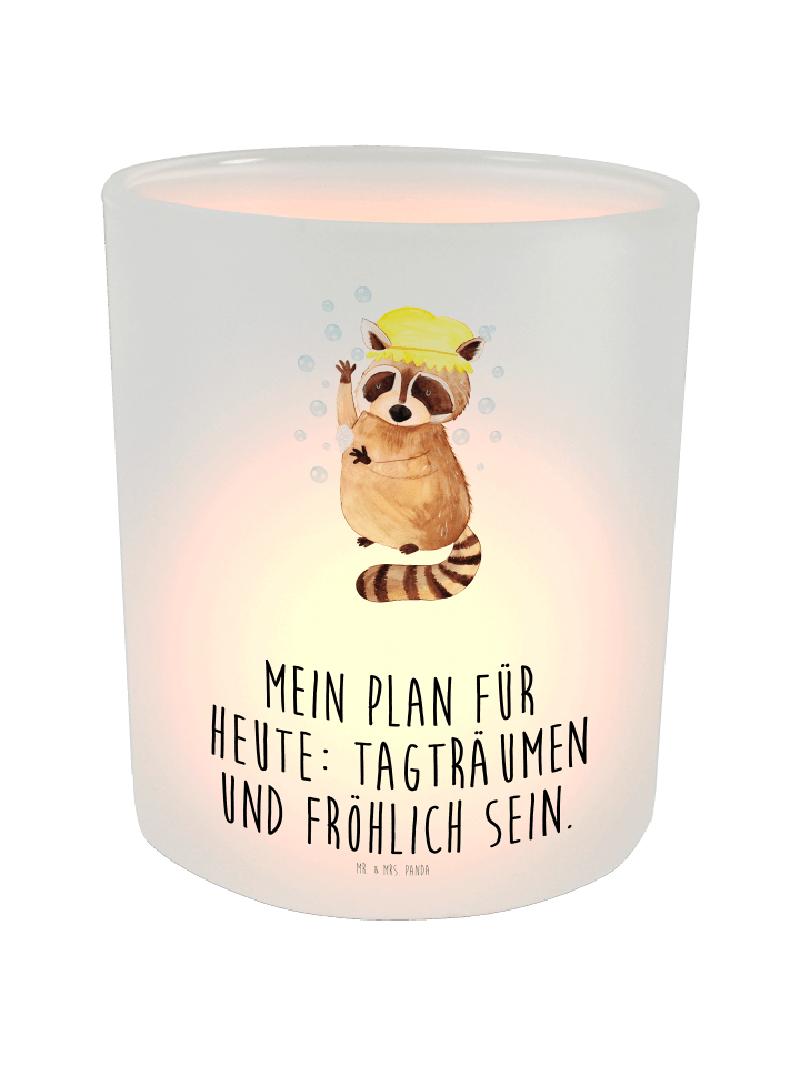 Windlicht Glas Waschbär mit Spruch in Transparent