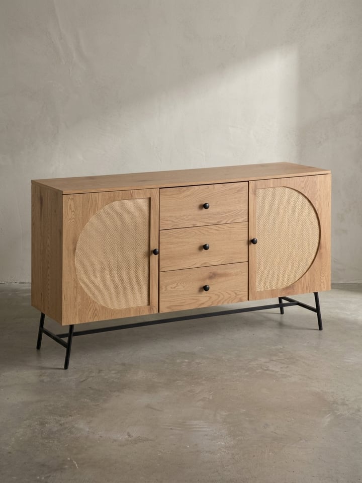 Sideboard 140x80x40 cm Kommode Eiche-Dekor mit Rattan Geflecht