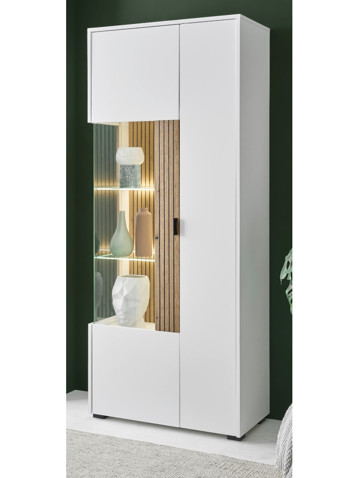 Vitrine weiß matt, Eiche 75 cm, Schrank 10 Fächer und Soft-Close-Funktion