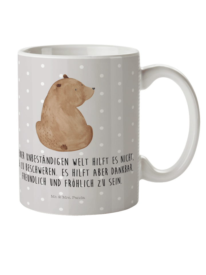 Kaffeetasse Bär Schulterblick mit Spruch in Grau Pastell