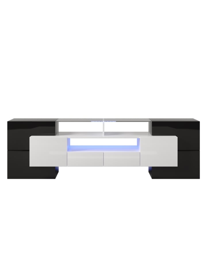 TV-Schrank in Hochglanz Weiß & Schwarz mit Glasoberfläche – 200 x 35 x 60 cm