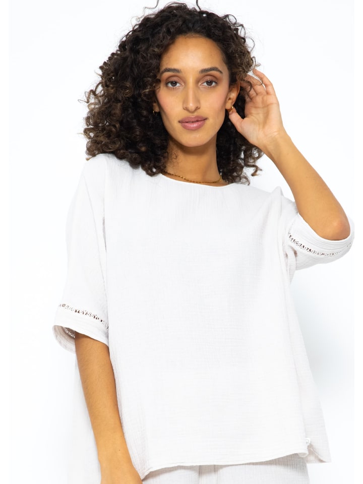 Musselin Pyjamashirt mit Spitzenborte in Hellbeige