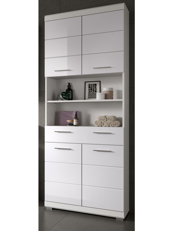Hochschrank weiß Hochglanz 74 cm, Badschrank mit 6 Fächern