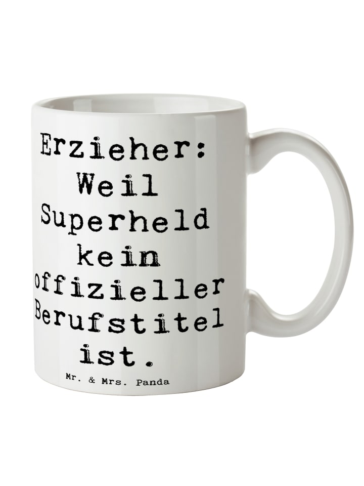 Becher Spruch Erzieher Superheld mit Spruch in Weiß