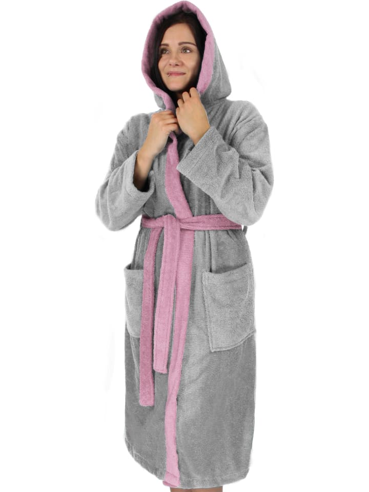 Damen Baumwoll-Bademantel mit Frottee, zweifarbig - OEKO-TEX® 100 in Grau/Rosa