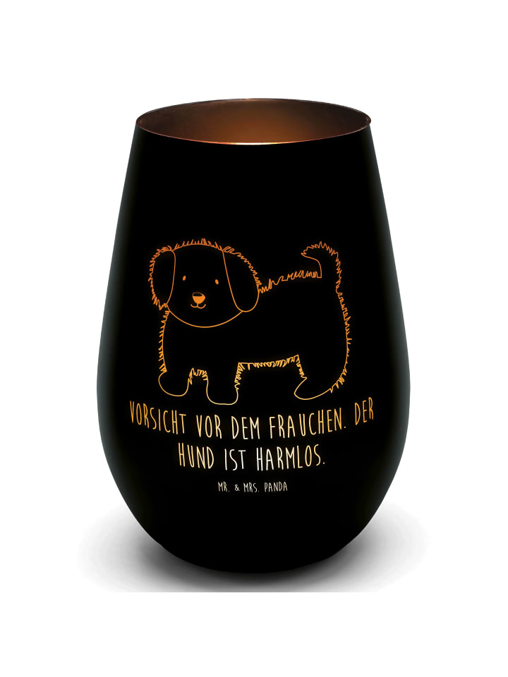 Windlicht Hund Flauschig mit Spruch in Schwarz